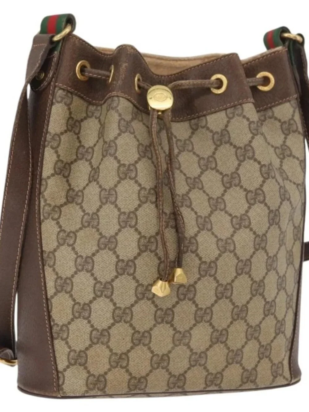 GUCCI GG Supreme Sherry Line Drawstring PVC Beige Red 164 02 034 Auth BA13148